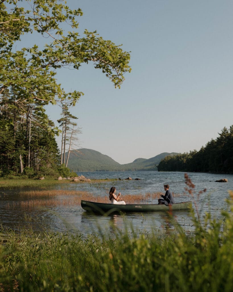 couple on a canoe ride in acadia national park